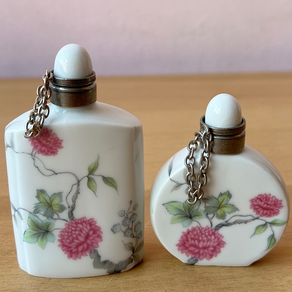 ANTIQUE VINTAGE LIMOGES FRANCE PORCELAIN PERFUME BOTTLES PINK PEONIES FLOWER 2PC - Picture 1 of 16